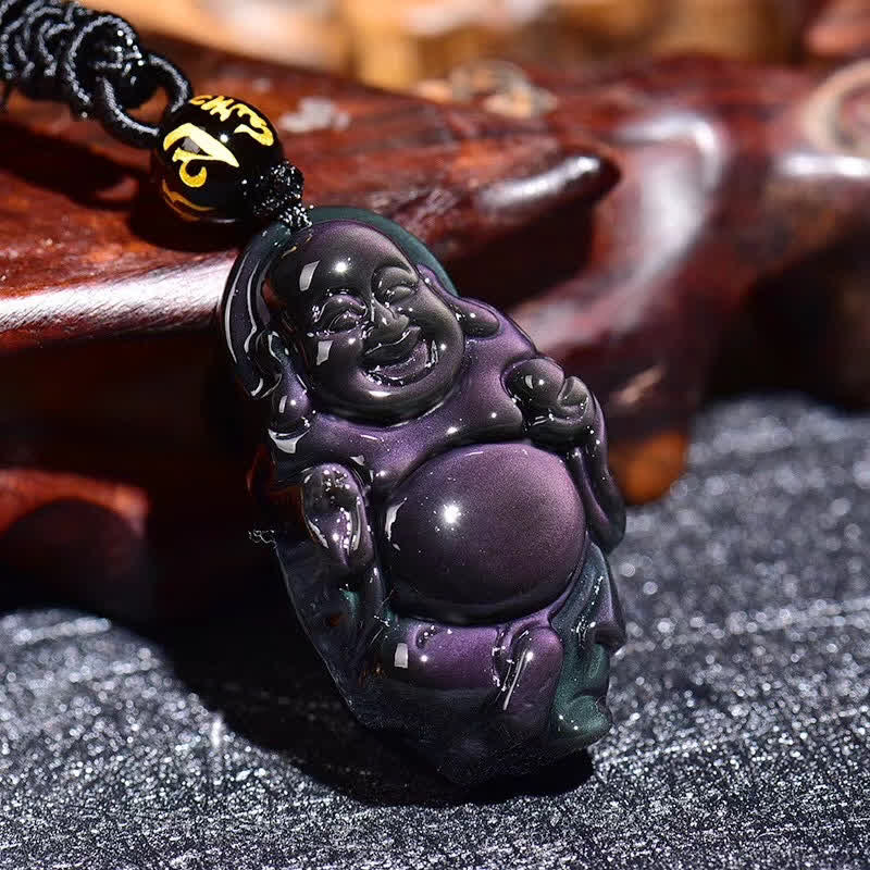 Halskettenanhänger mit natürlichem Regenbogen-Obsidian, lachender Buddha, innerer Frieden