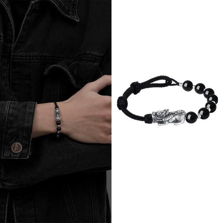 Buddha Stones 999 Sterling Silber FengShui PiXiu Natürlicher schwarzer Obsidian 925 Sterling Silber Bead Strength Armband