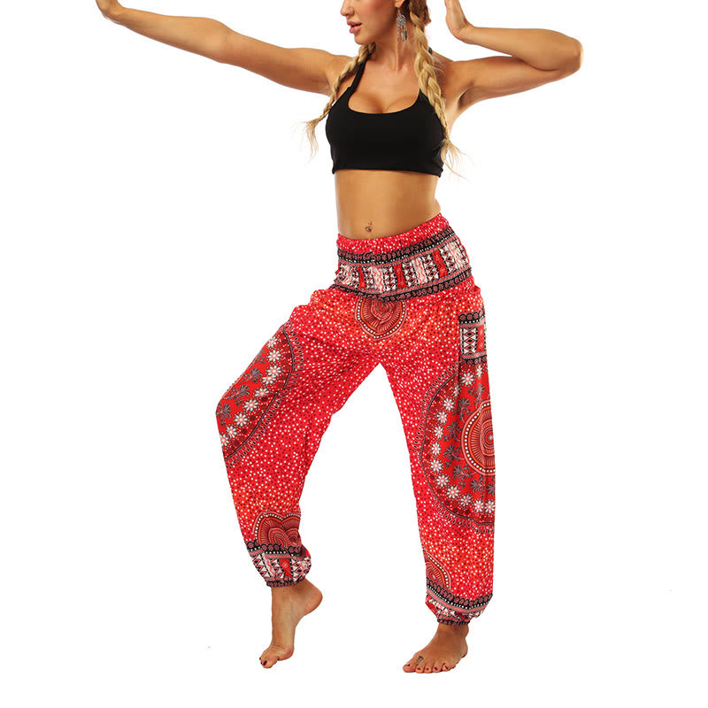 Buddha Stones Boho Lockere Haremshose mit geometrischem Elefantenmuster für Damen, Yogahose