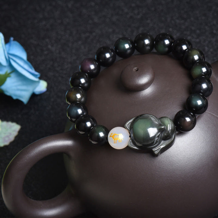 Buddha Stones Natürliches Regenbogen-Obsidian-Goldglanz-Obsidian-Silberglanz-Obsidian-Fuchs-Heilarmband