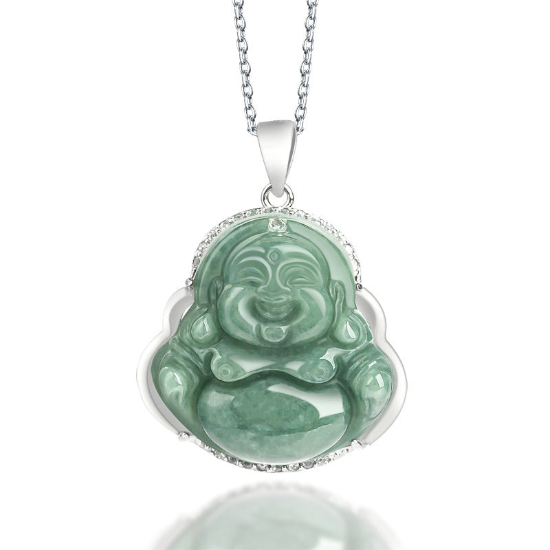Buddha Stones 925 Sterling Silber Lachender Buddha Jade Fülle Halskette Kettenanhänger - Jade (Wohlstand ♥ Überfluss) - image 1