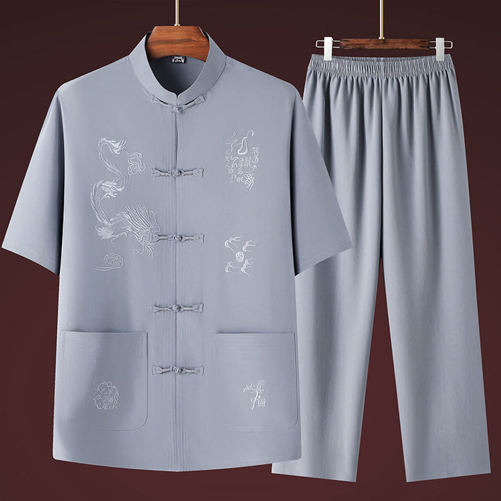Buddha Stones Tang Anzug Hanfu Chinesischer Drache Traditionelle Kung Fu Uniform Kurzarm Tops und Hosen Kleidung Herren Set - Hellgrau - US/ UK/AU44，EU54 (4XL) - image 6