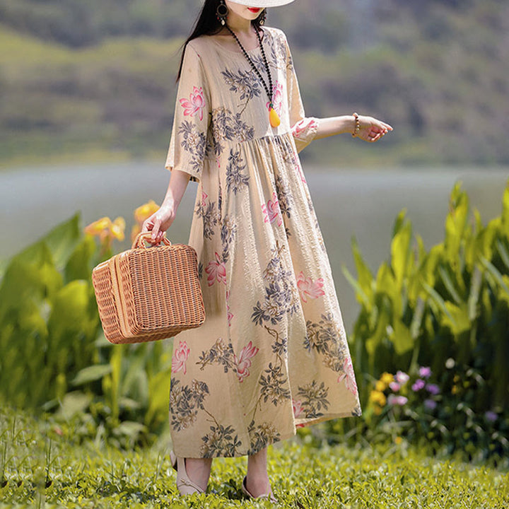 Midikleid mit Buddha-Steinen und Blumen-Print, Tunikakleid aus Baumwolle und Leinen mit Taschen