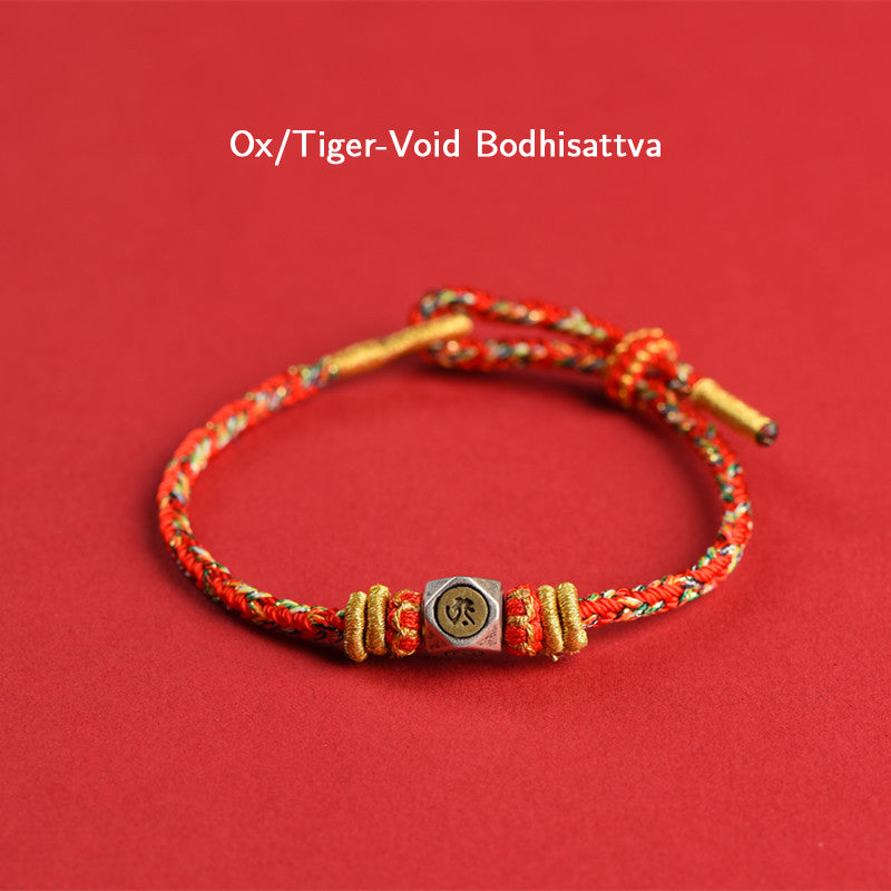 Buddha Stones 925 Sterling Silber Chinesisches Sternzeichen Natal Buddha Rot Buntes Seil Glück Handgefertigtes Armband