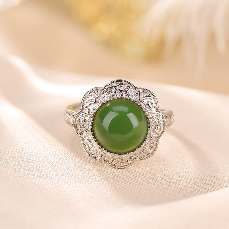 Buddha Stones 925 Sterling Silber Hetian Cyan Jade Blumendesign Glück verstellbarer Ring - image 2