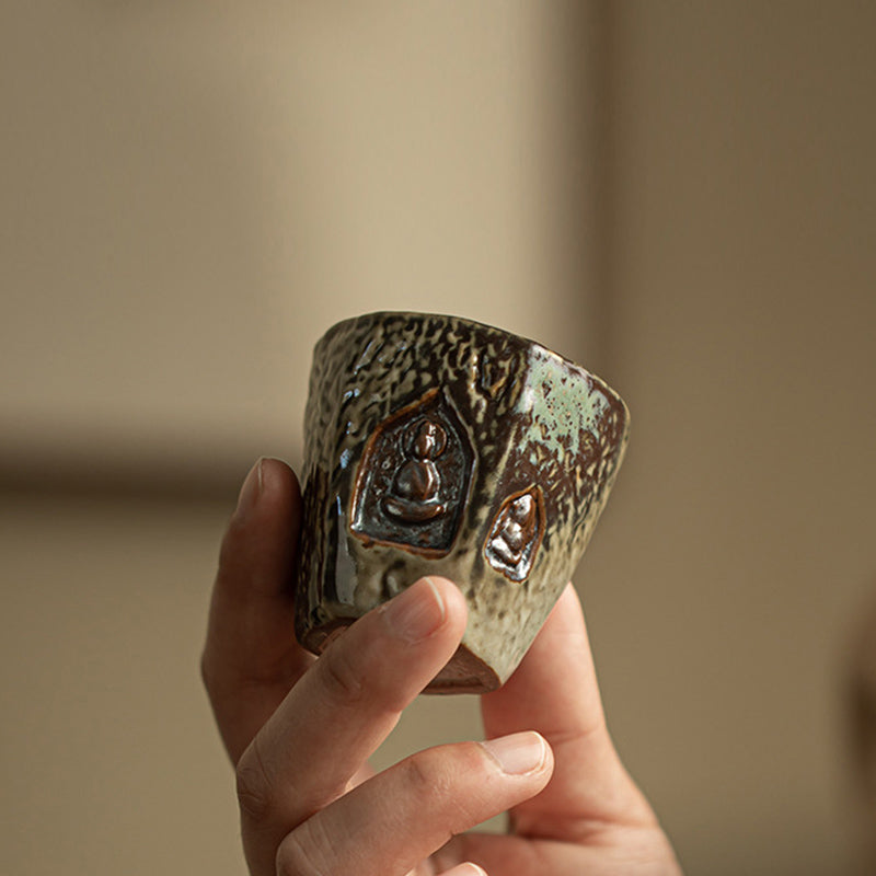 Buddha Stones Vintage-Teetasse in Dunhuang-Farbe, Buddha-Gravur, Kung-Fu-Teetasse