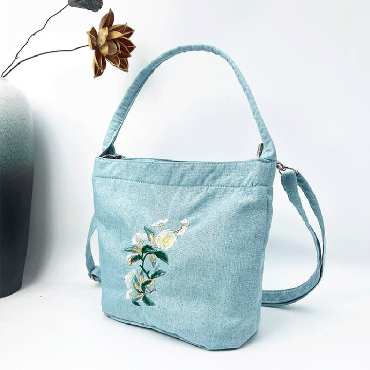 Buddha Stones Stickerei Wisteria Pflaume Lotus Kirschblüte Baumwolle Leinen Canvas Tote Umhängetasche Schultertasche Handtasche