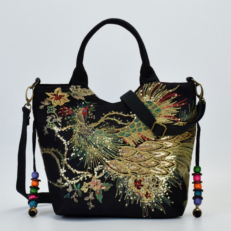 Buddha Stones -Pfauen-Doppelseitig-Stickerei-Tragetasche, Schultertasche, Umhängetasche - Schwarzer Pfau - Schultertasche/Tragetasche - image 7