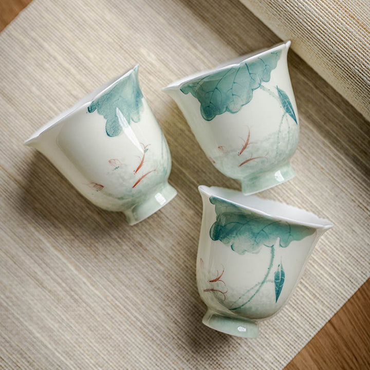 Buddha Stones Teetasse aus Keramik mit Koi-Fisch-Lotusblattmuster, Kung-Fu-Teetasse, 65 ml