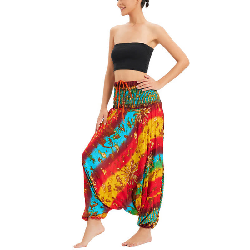 Buddha Stones Zwei Stile Tragen Farbverlauf Bunte Lockere Smocked Haremshose Overall Hohe Taille Hose