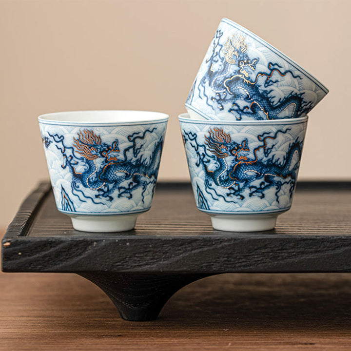 Buddha Stones Kleine blau- Weiß Drachenmuster-Keramik-Teetasse, Kung-Fu-Teetassen, 45 ml