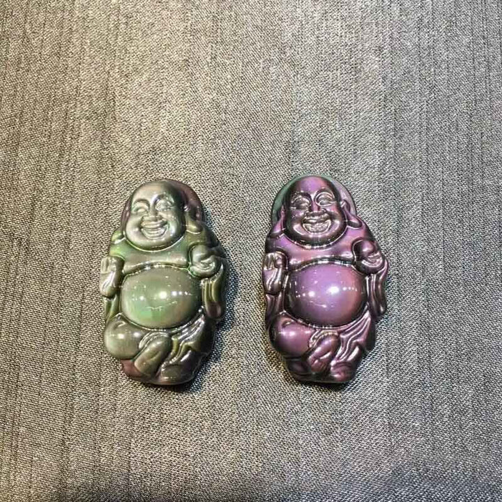 Halskettenanhänger mit natürlichem Regenbogen-Obsidian, lachender Buddha, innerer Frieden