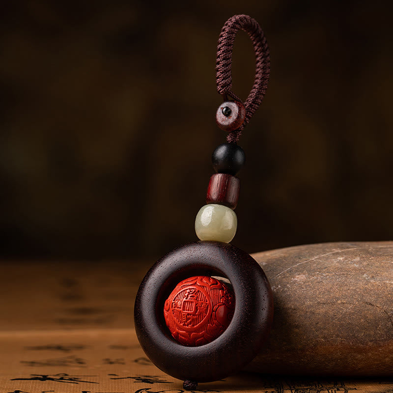 Buddha Stones, Tibet, Om Mani Padme Hum, PiXiu, Kupfermünze, kleines Blatt, rotes Sandelholz, Zinnober, Schutz-Schlüsselanhänger