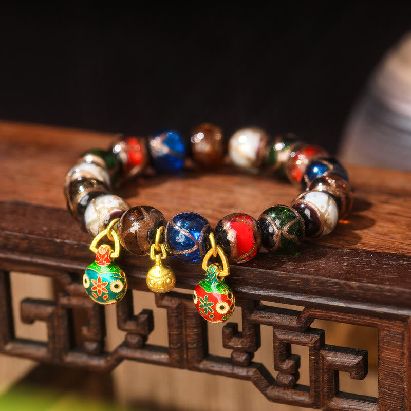 Buddha Stones Five Elements Gold Schlucktier Familie Charm Liuli Glasperlen Glücksarmband - Liuli Glasperlen & Kupfergoldene verschlingende Bestienfamilie - 14 mm (15 Perlen) - image 9