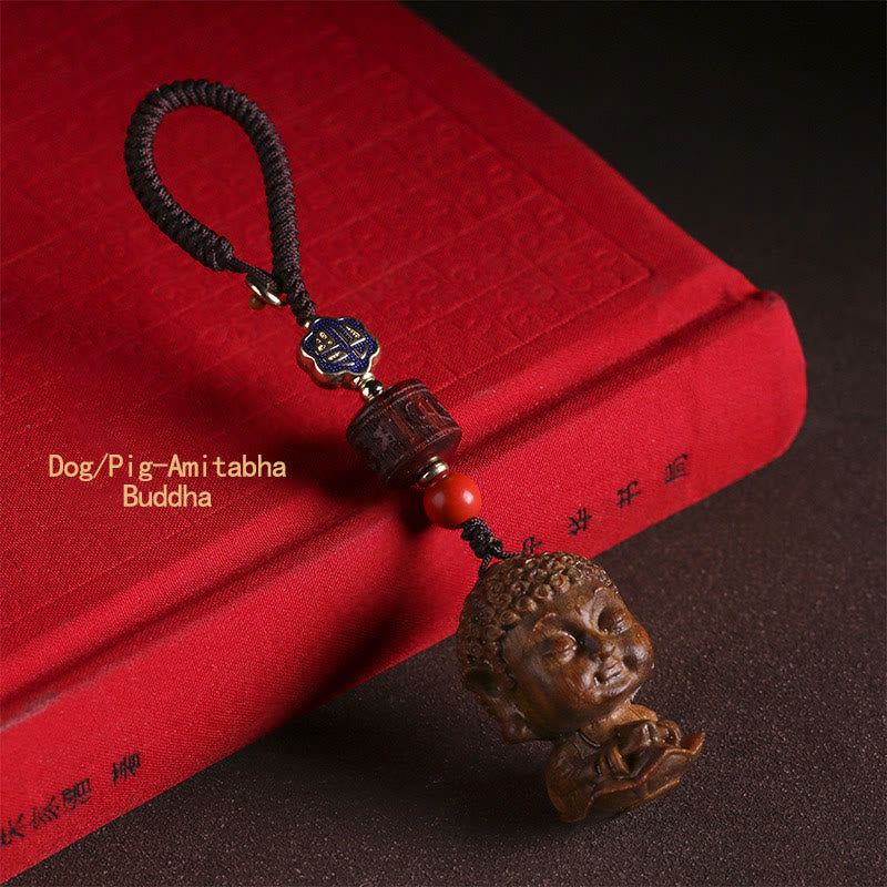 Chinesischer Tierkreiszeichen-Buddha-Schlüsselanhänger aus grünem Sandelholz Om Mani Padme Hum Frieden - Hund/Schwein-Amitabha Buddha - image 17