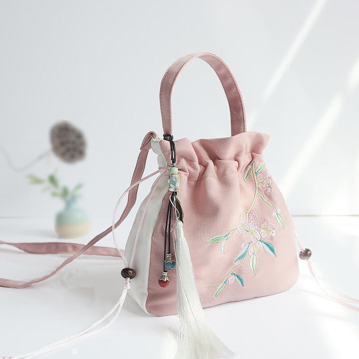 Buddha Stones Handgefertigte bestickte Blumen Canvas Tote Schultertasche Handtasche - Rosa-weiße Pfirsichblüte 20 x 20 cm - image 38