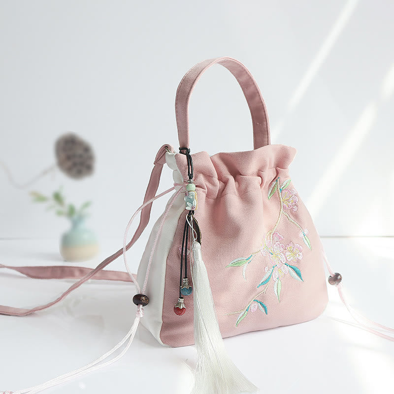 Buddha Stones Handgefertigte bestickte Blumen Canvas Tote Schultertasche Handtasche - Rosa-weiße Pfirsichblüte 20 x 20 cm - image 38