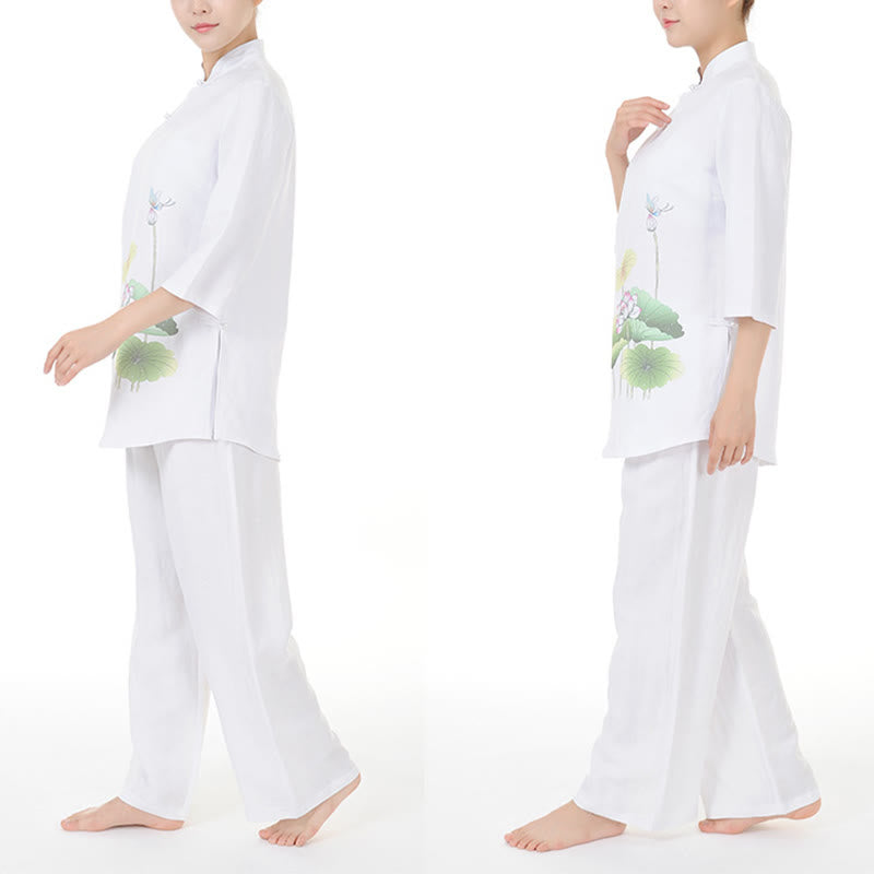 Buddha Stones 2-teiliges Set mit Weiß Lotusblütenblättern, Halbarm-Shirt, Oberteil und Hose, Meditation, Zen, Tai Chi, Leinenkleidung für Damen