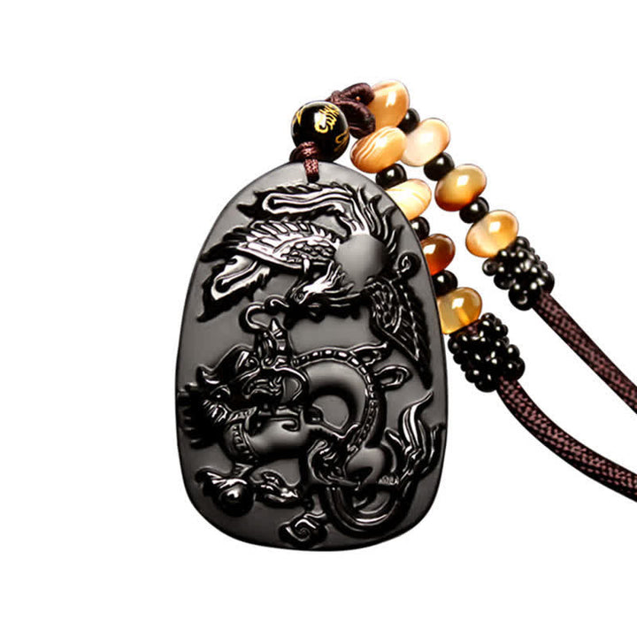Schwarzer Obsidian Tigerauge Drache Phönix Schutz Perlen Halskette Anhänger - image 7