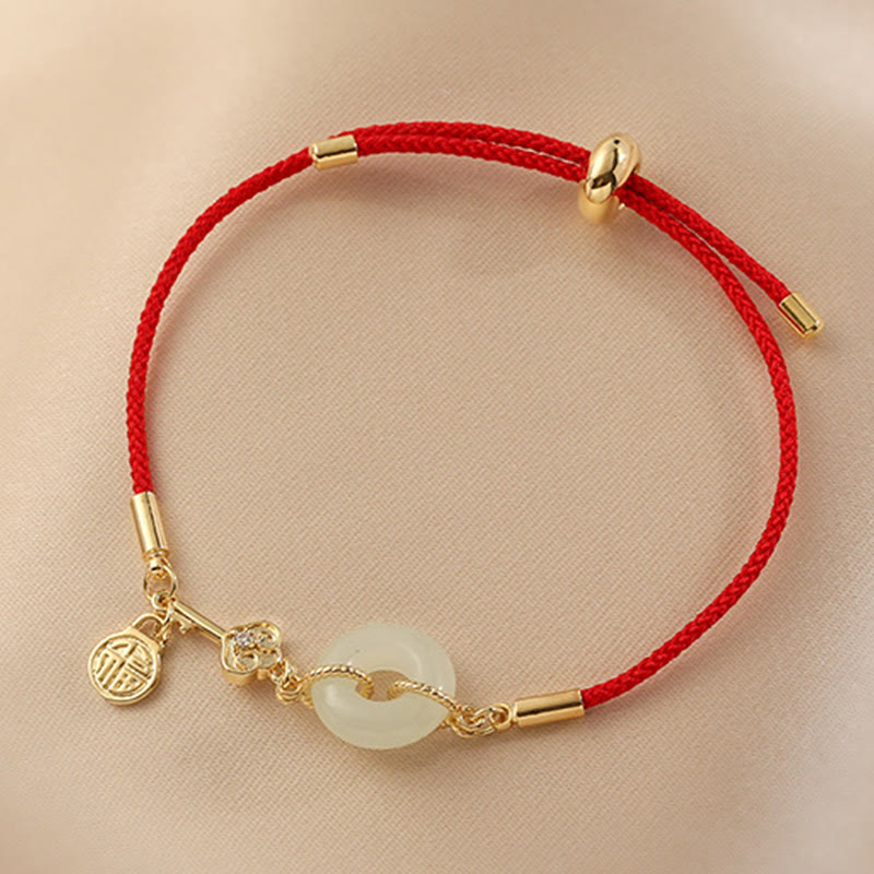 Buddha Stones 18 Karat vergoldetes Hetian-Jade-Armband mit Friedensschnalle, Fu-Charakter, Glück, rotes Seil