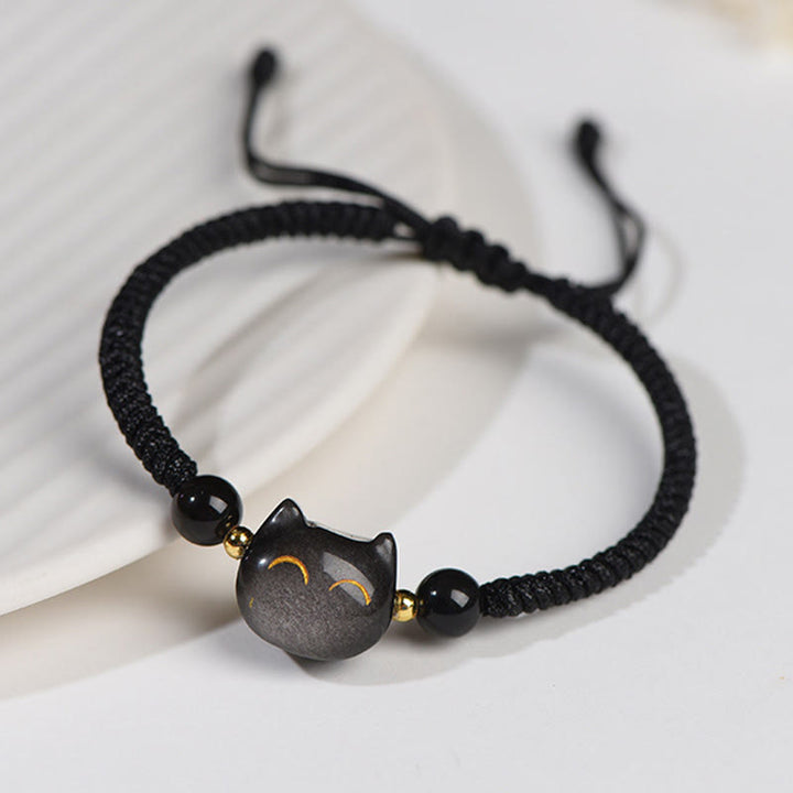 Buddha Stones Handgefertigtes, natürliches, silberglänzendes Obsidian-Erdbeerquarz-Armband mit niedlichem Katzenschutz - image 3