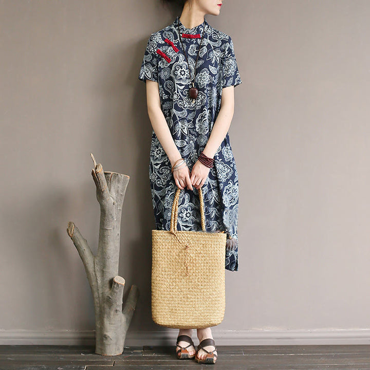 Buddha Stones Blau- Weiß Blume Froschknopf Cheongsam Kleider Kurzarm Leinenkleider mit Taschen