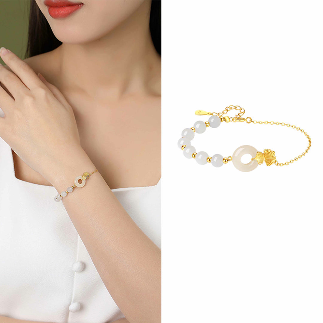 Buddha Stones 925 Sterling Silber Hetian Weiß Jade Friedensschnalle Ginkgoblatt Glücksarmband - image 8