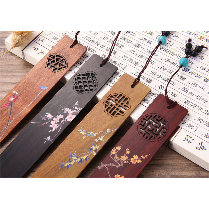 Buddha Stones 4 Stück Vier Jahreszeiten Pflaumenorchidee Bambus Chrysantheme Pekingoper Maske Holz Lesezeichen mit Geschenkbox - image 11