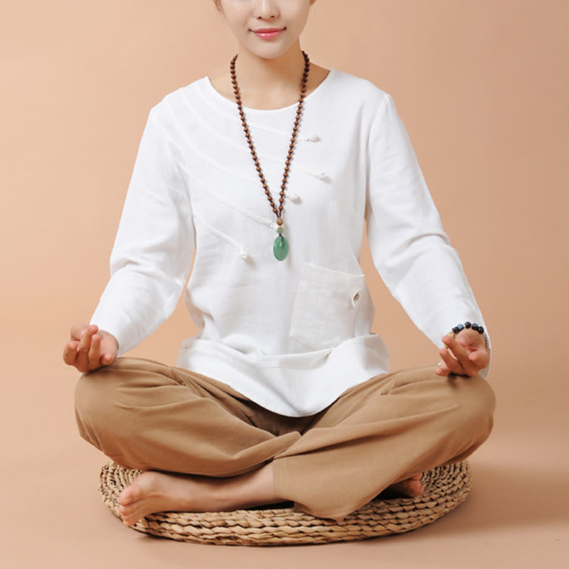 Buddha Stones 2-teiliges Langarm-T-Shirt-T-Shirt-Hose Meditation Zen Tai Chi Leinenkleidung Damen-Set