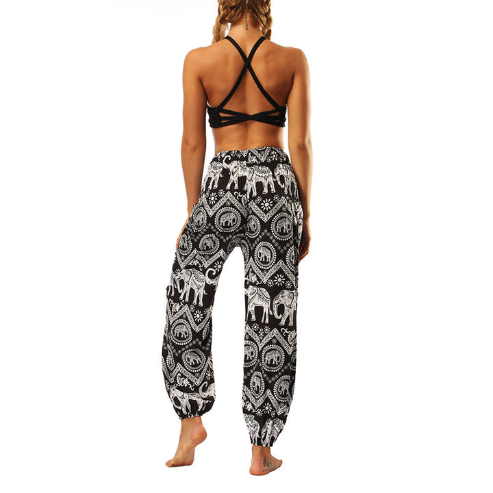 Buddha Stones Boho Lockere Haremshose mit geometrischem Elefantenmuster für Damen, Yogahose