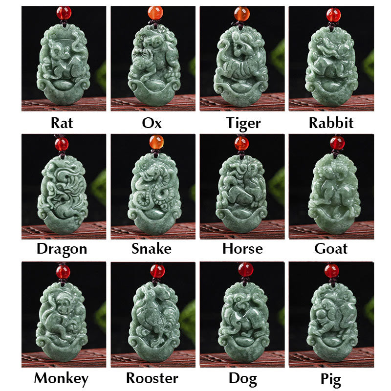 Buddha Stones, natürliche Jade, 12 chinesische Sternzeichen, Wohlstands-Halsketten-Anhänger