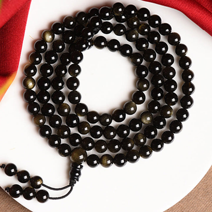 Buddha Stones 108 Mala-Perlen, natürliches Goldglanz-Obsidian-Reichtumsarmband