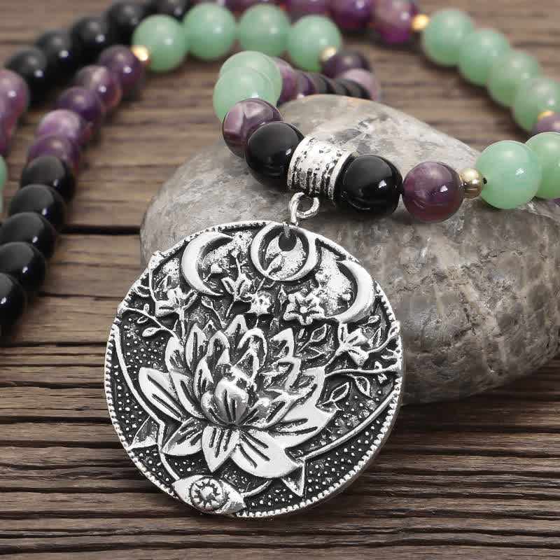 Buddha Stones 108 Mala-Perlen, Amethyst, grüner Aventurin, Lotus, Meditationsarmband