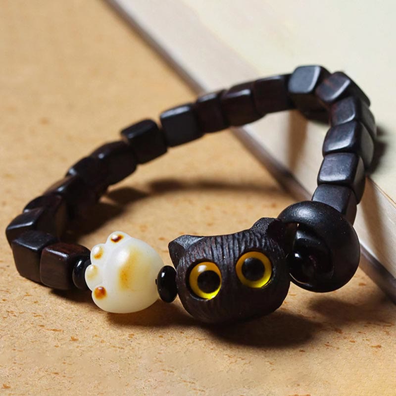 Armband mit Buddha Stonesn, Ebenholz, süße Katze, Bodhi-Samen, Pfotenklaue, quadratische Perlen, ruhiges Armband - image 3