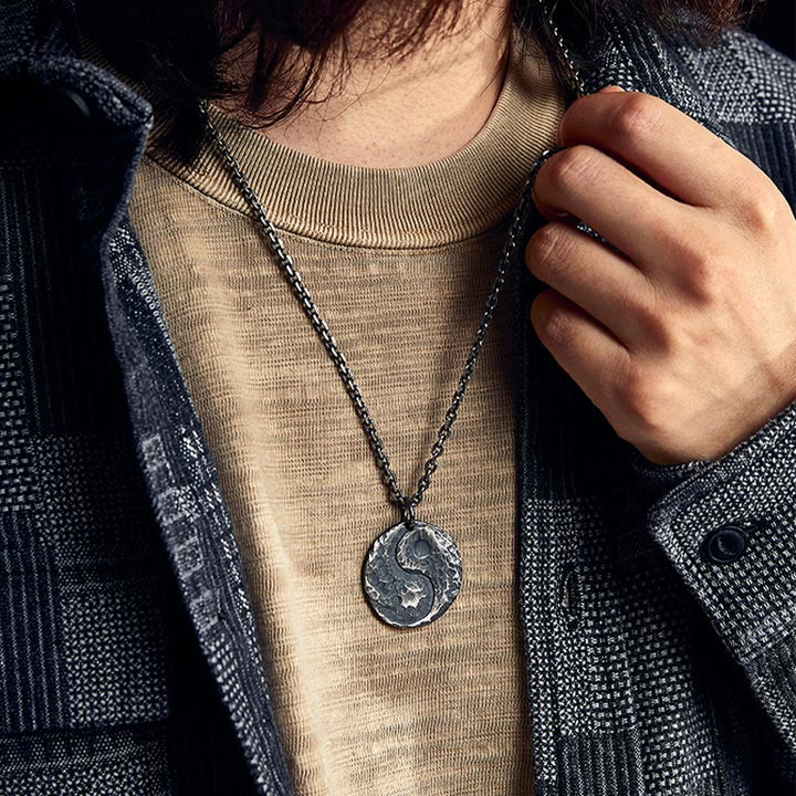 Buddha Stones 990 Sterling Silber Yin Yang Hammer Textur Harmony Halskette Anhänger - image 4