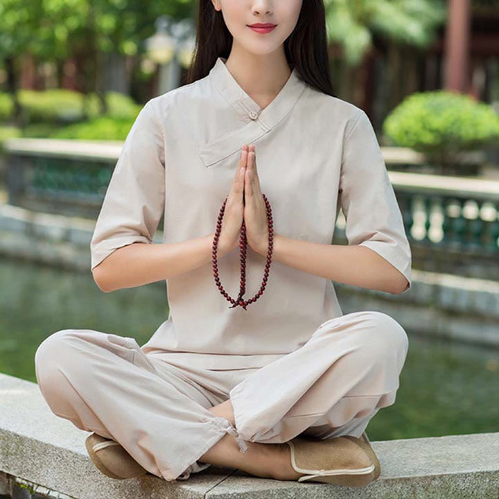 Buddha Stones 2-teiliges Set mit halblangen Ärmeln und V-Ausschnitt, Hemd, Oberteil und Hose, Meditation, Zen, Tai Chi, Leinenkleidung für Damen