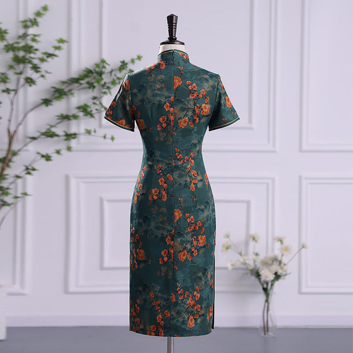 Buddha Stones Retro Blume Lotus Pfingstrose Feder Druck Qipao Kleid Damen Cheongsam Kleid