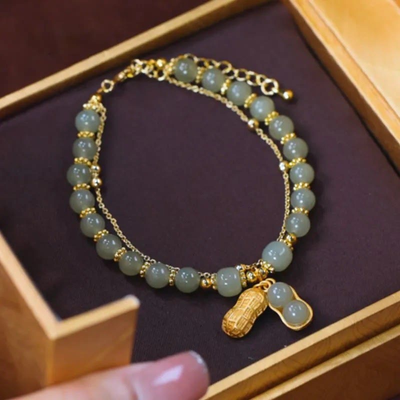 Perlenarmband mit Buddha Stonesn, Jadeblatt, Ginkgo-Tulpe, Erdnuss-Fu-Charakter, Glücksperlen - Erdnuss & Jade - image 15