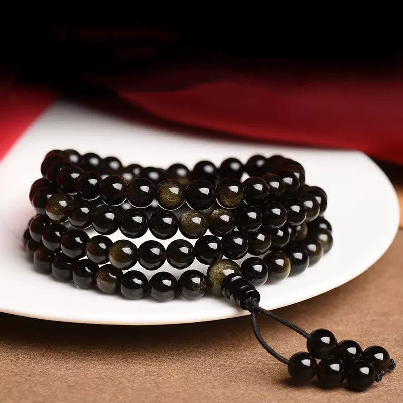 Buddha Stones 108 Mala-Perlen, natürliches Goldglanz-Obsidian-Reichtumsarmband