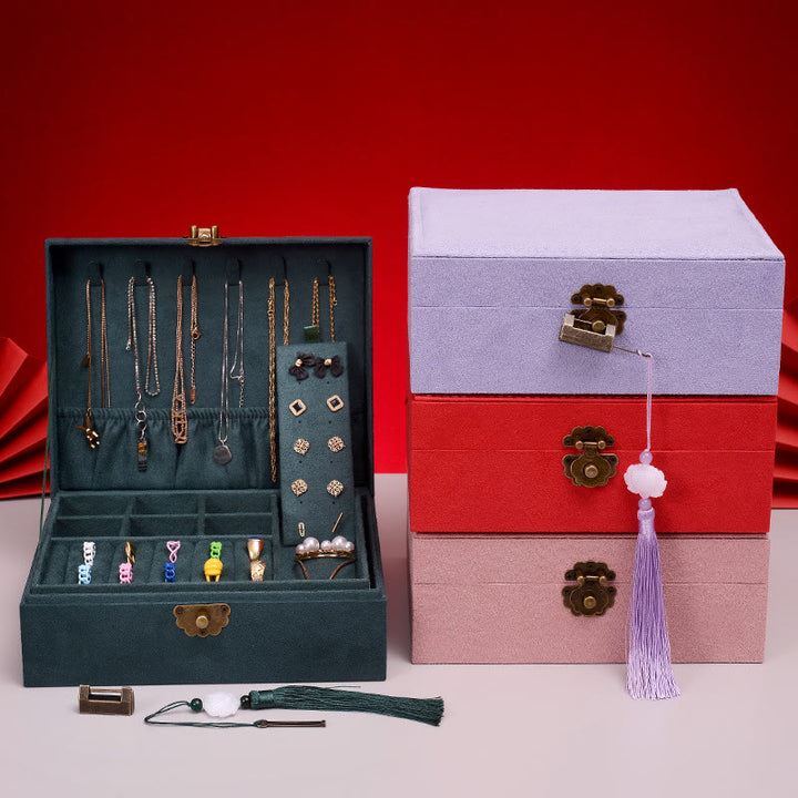 Buddha Stones, schlichtes Design, Schmuckkästchen, Organizer, zweilagige Schmuck-Aufbewahrungsbox, Flanell-Box mit Schloss - image 0