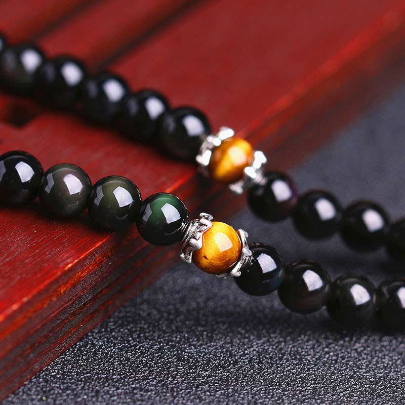 Chinesisches Sternzeichen 108 Perlen schwarzes Obsidian-Tigerauge-Glücks-Mala-Armband