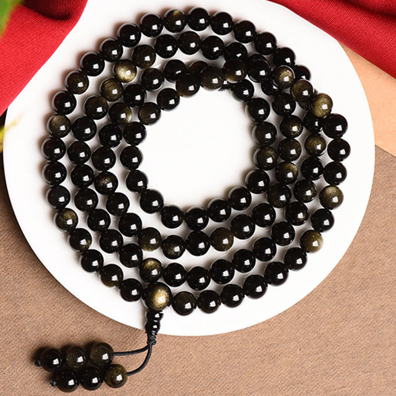 Buddha Stones 108 Mala-Perlen, natürliches Goldglanz-Obsidian-Reichtumsarmband