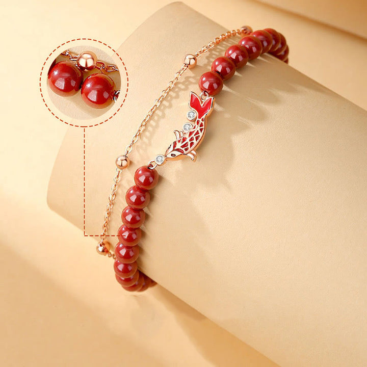 Buddha Stones 925 Sterling Silber Glücks-Koi-Fisch-Zinnober-Zirkon-Wohlstands-Doppelschicht-Kettenarmband - image 2