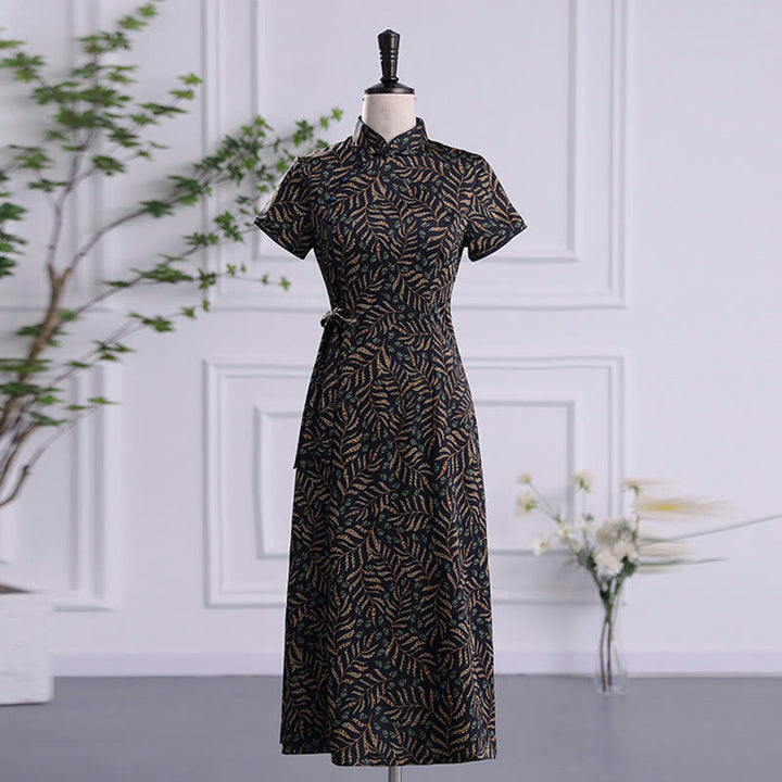 Buddha Stones Vintage Auspicious Clouds Leaf Print Cheongsam Kleid Damen Qipao Kleid