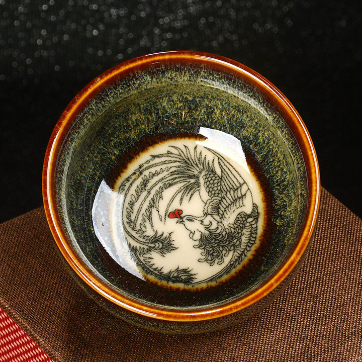 Buddha Stones Lotus Dragon Phoenix Koi Fish Chinesische Jianzhan-Keramik-Teetasse, Kung-Fu-Teetasse, 110 ml