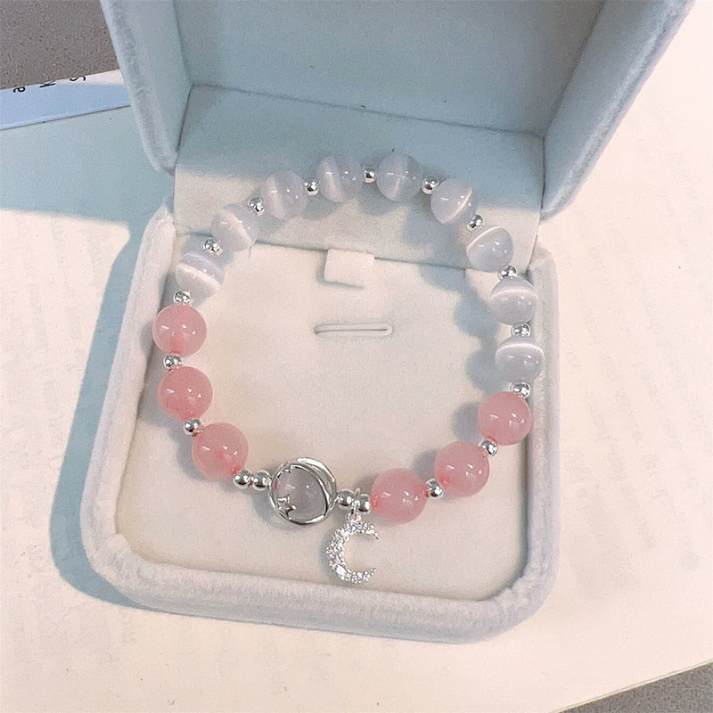 Buddha Stones natürliches Katzenauge-Rosa-Kristall-Mond-Liebes-Charm-Armband - image 1