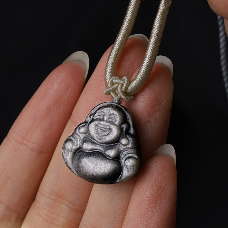 Buddha Stones, natürlicher silberfarbener Obsidian, lachender Buddha-Schutz-Halsketten-Anhänger - image 2