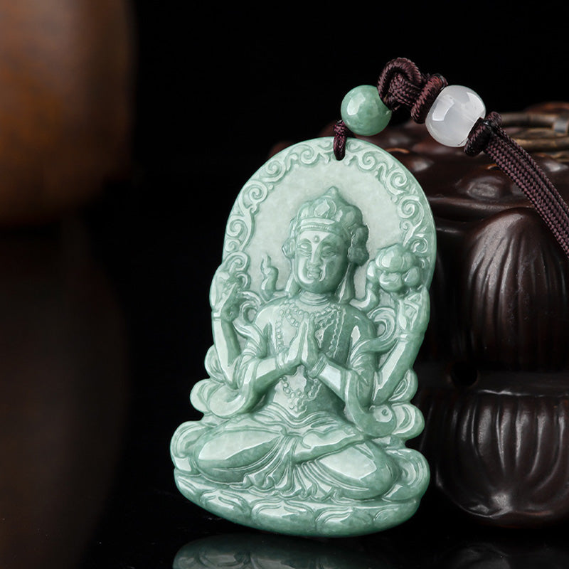 Vierarmige Avalokitesvara-Amulett-Segen-Halskette aus natürlicher Jade - image 7