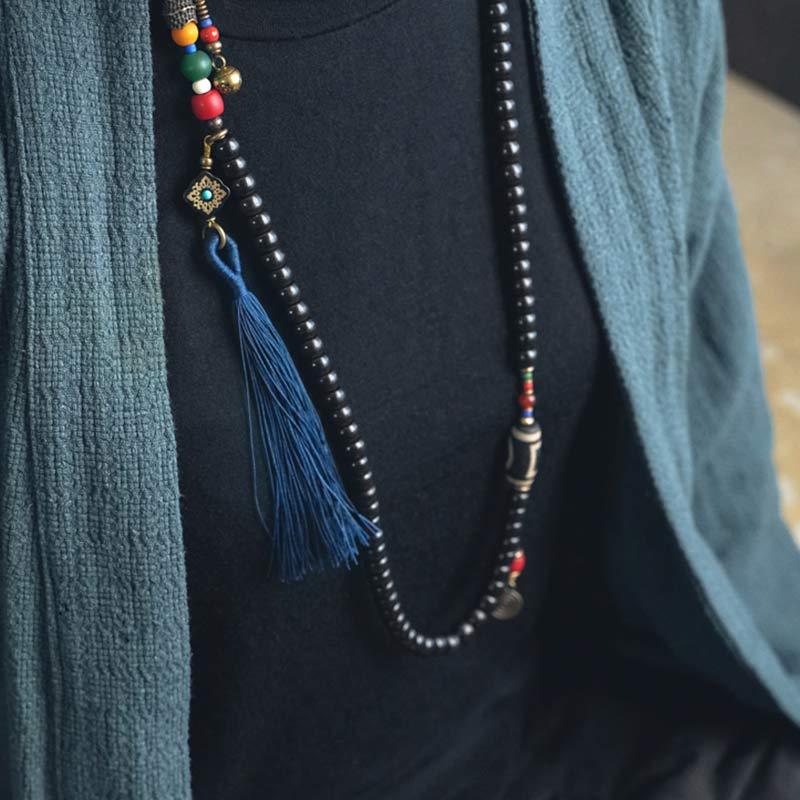 Buddha Stones 108 Perlen Mala Ebenholz Holz Dzi Perle Kupfer Balance Quaste Armband - image 5