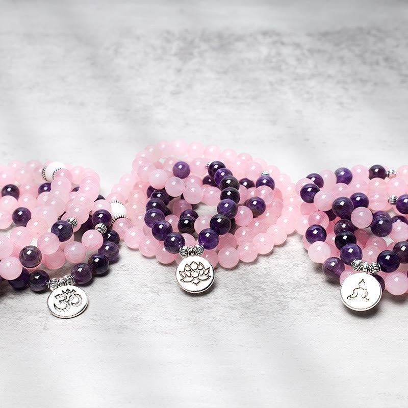 Buddha Stones Natürliches Rosenquarz- und Amethyst-Mala-Perlen-Lotus-Anhänger-Armband - image 8